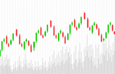 A financial up trend chart illustration on a white grid background, featuring red and green candlestick patterns representing market trends. Below is a grayscale bar graph indicator