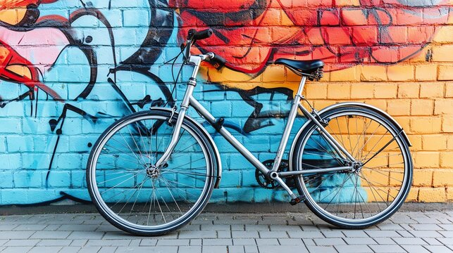 A photostock image of a modern bicycle leaning against a colorful graffiti wall.--ar 16:9
