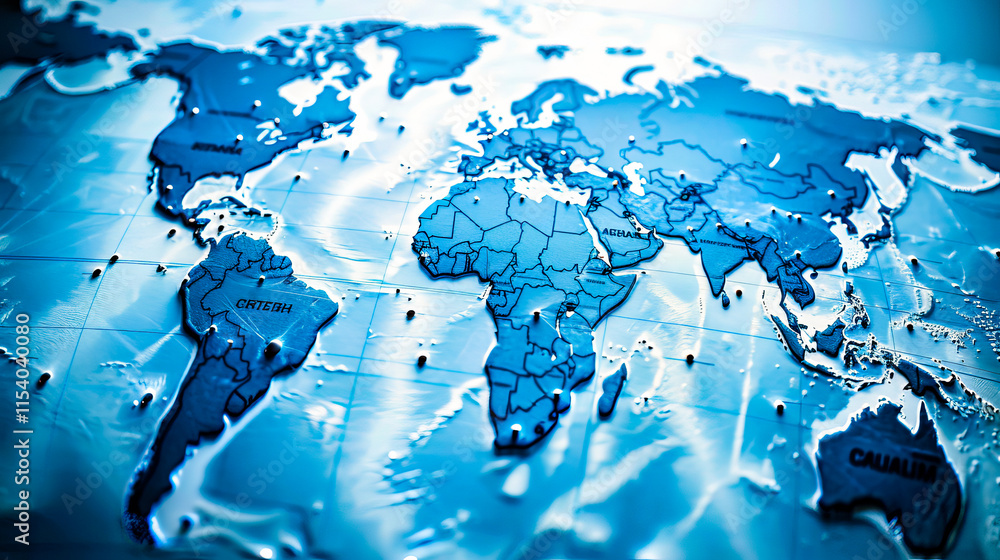 Poster a clear digital world map with continents highlighted, representing global geography and connectivit