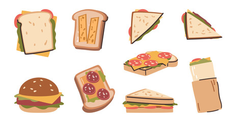 Juicy delicious sandwiches with bacon and cheese, sausage and vegetables. Vector isolated nutritious different shaped snacks from whole grain bread for meat lovers and vegetatians, tasty food