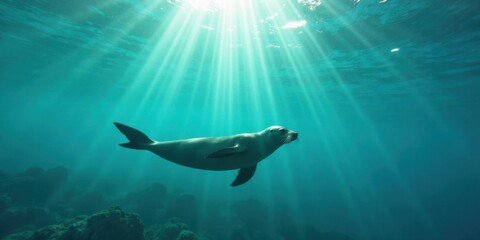 Fototapeta premium Serene Underwater Grace A Seal Silhouetted by Sunbeams in the Ocean Depths