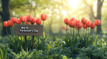 Red tulips on bright background, next to the sign "World Parkinson's Day"