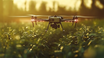 AI-controlled drone spraying crops in a smart farm, precision farming, agricultural food tech.