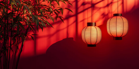 Red Lantern Glow:  A pair of traditional Chinese lanterns hang against a vibrant red wall, casting warm light and creating a sense of serenity.