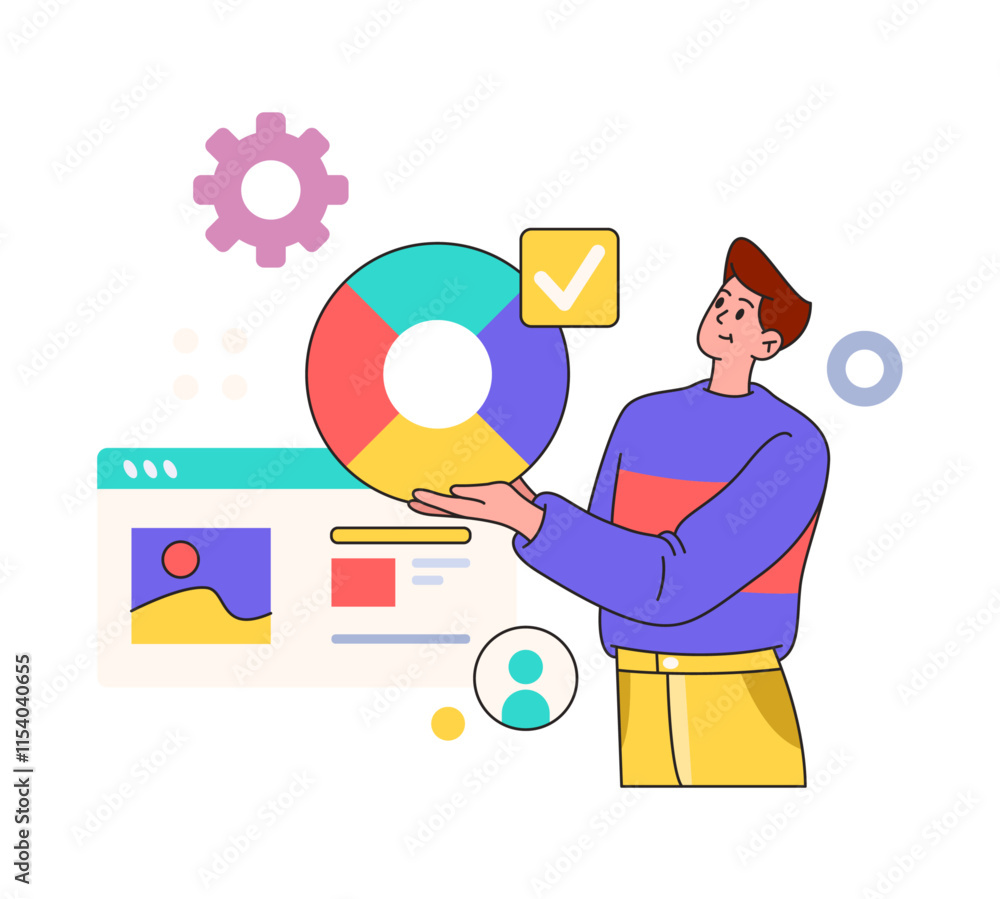 Aufkleber Data analysis and chart, man programmer developer. Developer of programs and mobile applications, flat vector. Networking and web solution, innovation technologies, information analysis illustration