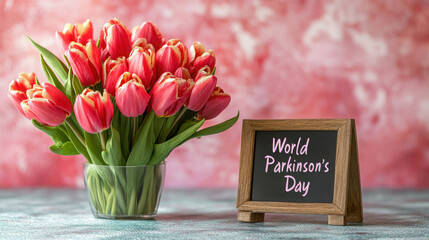 Red tulips on bright background, next to the sign "World Parkinson's Day"