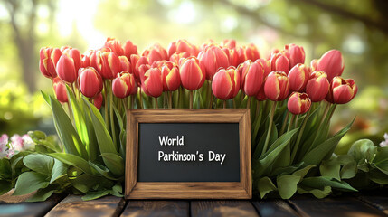 Red tulips on bright background, next to the sign "World Parkinson's Day"