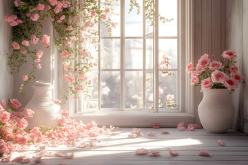 Elegant wedding arch, romantic atmosphere, photography background with delicate flowers, vintage white wall and windows