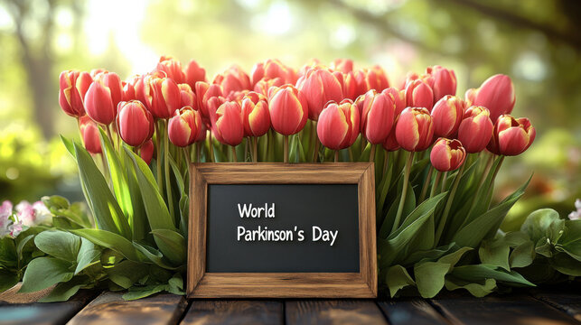 Red tulips on bright background, next to the sign "World Parkinson's Day"
