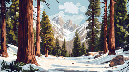Sequoia national park in the southern sierra nevada. poster from a series of usa national parks. hand-painted panoramic background. Sequoia. Illustration