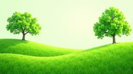 Fototapeta premium Serene Landscape Featuring Two Lush Green Trees on Rolling Hills Under a Bright Sky