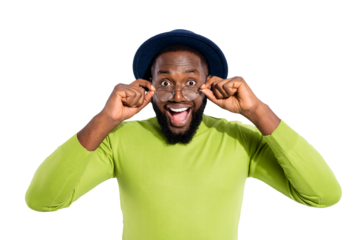 Close up photo of astonished guy touching specs shouting unbelievable wearing green jumper isolated over white background