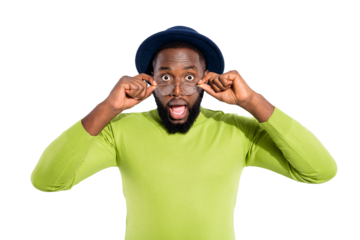 Portrait of impressed frustrated man touching his specs stare screaming isolated over white background