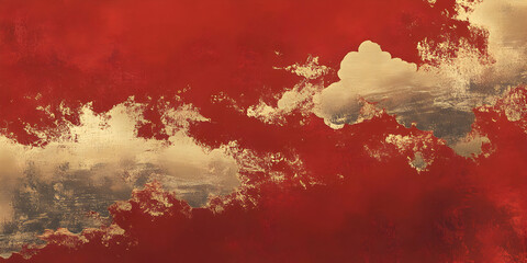 Fototapeta premium Red Sky, Golden Clouds: Abstract artwork featuring a bold red background with flowing, textured golden clouds, evoking a sense of dynamism and ethereal beauty.