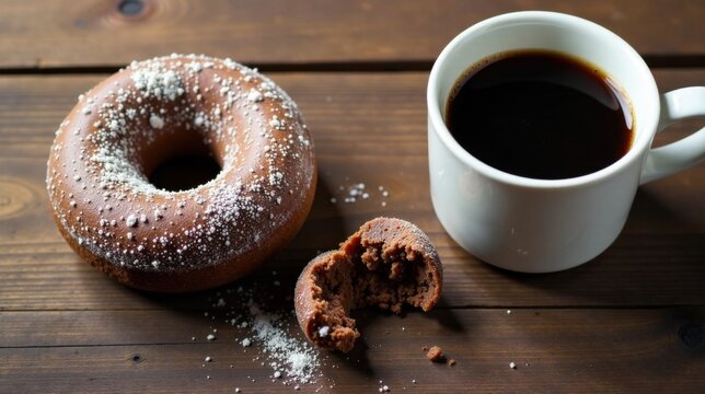 A sweet treat and a dark brew a powdered confectionery ring and a mug of java on a rustic wooden surface