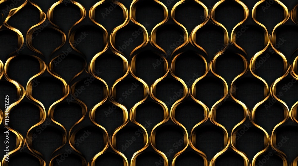 Poster repeating pattern of interconnected, teardrop-shaped, metallic gold forms on a black background, cre