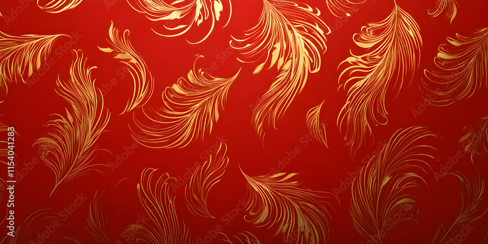 Poster golden feathers on red background: a luxurious and elegant pattern of gold feathers against a vibran