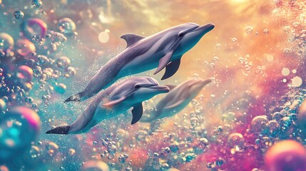 Fototapeta premium Two Dolphins Swimming in Sparkling Ocean Water