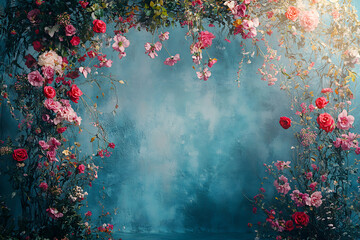 Elegant wedding arch, romantic atmosphere, photography background with delicate red flowers and vintage