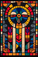 A stained glass window with a cross in the center