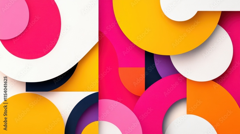 Poster vibrant, abstract composition of overlapping circles and geometric shapes in various colors, creatin