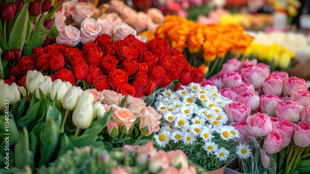Poster colorful display of fresh roses tulips and daisies in a vibrant market setting bursting with spring 