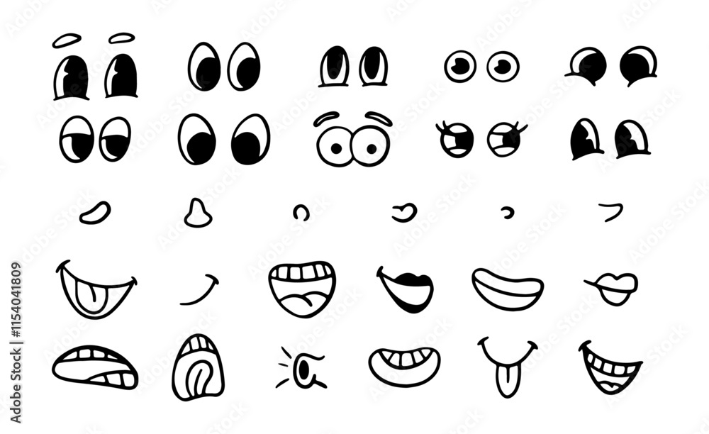 Poster hand drawn colorless doodle character facial parts and faces. vector isolated mouths with smile and 