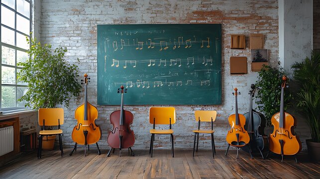 Music classroom with cellos, chairs, and sheet music on chalkboard.