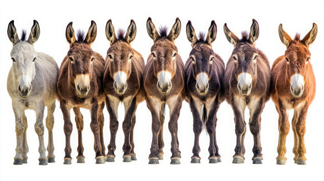 Seven Donkeys in a Colorful Lineup on a White Background