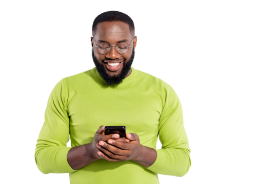 Portrait of concentrated lovely guy holding gadget reading news having eyewear eyeglasses isolated over white background