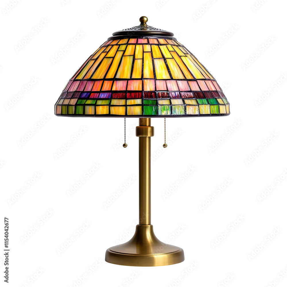 Poster elegant table lamp with multicolored stained glass shade in geometric patterns, supported by a brass