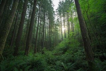 Fototapeta premium Sunlit Forest Path: Lush Green Canopy and Majestic Trees