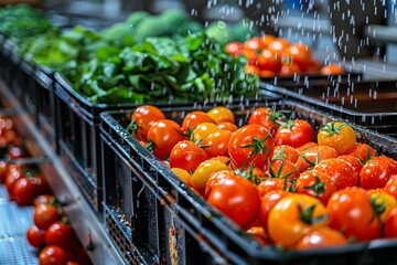 Ripe tomatoes are neatly arranged in crates while being washed with water in an agricultural market. Fresh greens are visible in the background, enhancing the vibrant display of produce.