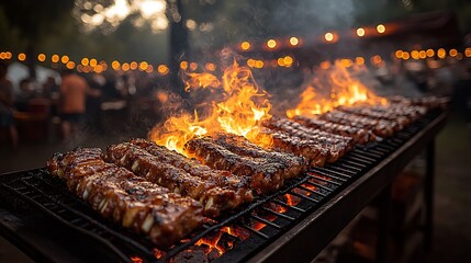 Flaming Grill Cooking Delicious Barbecue Ribs