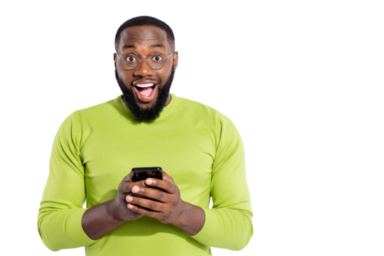Portrait of funny guy holding device texting typing screaming wow omg wearing eyeglasses eyewear isolated over white background