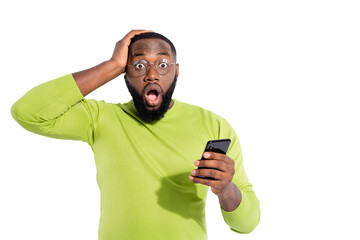 Portrait of handsome hipster hold modern technology touch his head scream wear eyeglasses eyewear...
