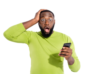 Portrait of handsome hipster hold modern technology touch his head scream wear eyeglasses eyewear isolated over white background