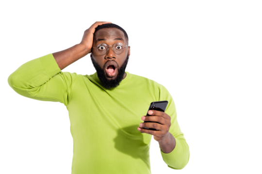 Portrait of handsome hipster hold modern technology touch his head scream wear eyeglasses eyewear isolated over white background