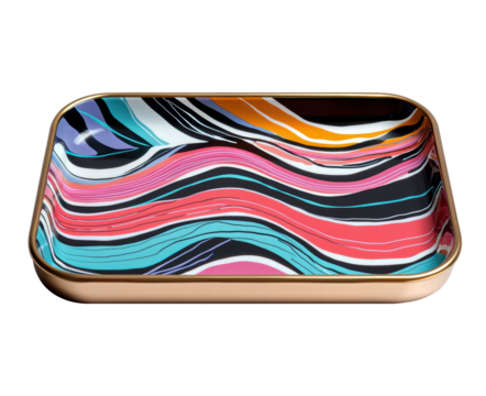 Colorful abstract decorative tray design featuring vibrant wavy patterns in bold colors and gold rim accents, ideal for modern and artistic decor settings. Isolated on transparent background, png.