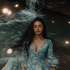 Serene Woman in Floral Dress, Waterfall, Water, Bokeh Lights