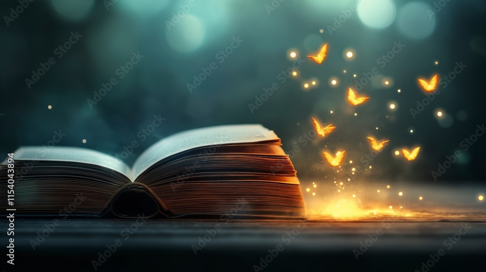Aufkleber enchanted library scene featuring a floating open book surrounded by glowing butterflies and etherea