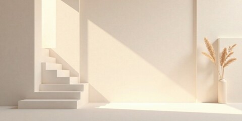 Fototapeta premium Serene Minimalist Interior Scene with Ascending Steps and Dried Floral Arrangement in a Vase