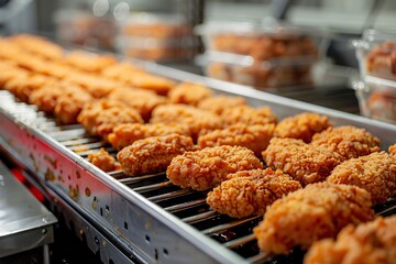 A conveyor belt showcases freshly fried chicken pieces, golden and crispy, in a bustling kitchen during lunch. The aroma of tantalizing fried food fills the air.