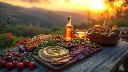 Fototapeta premium Sunset Appetizer Board With Wine And Scenic View
