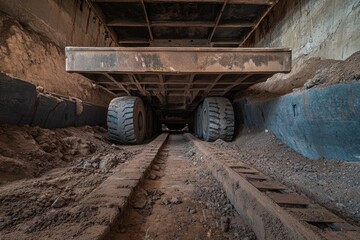 Fototapeta premium Massive Mining Truck Underneath a Tunnel, Industrial Excavation, Powerful Earthmoving Machinery