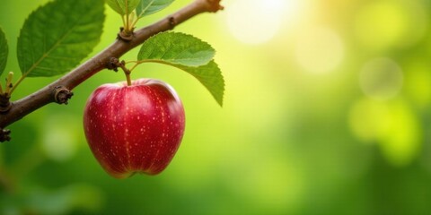 A vibrant red apple hangs from a branch, bathed in sunlight, showcasing the beauty of nature's bounty and the freshness of a ripe fruit on a bright summer day