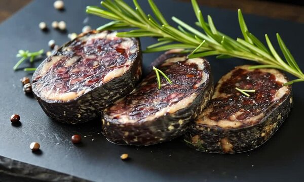 Delicious Slices of Morcilla, Spanish Blood Sausage, Rosemary, Peppercorns