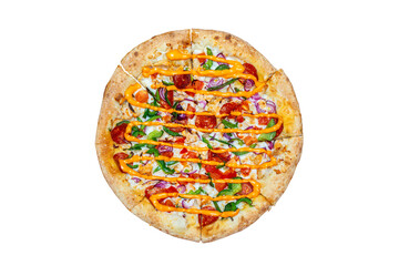 Fresh tasty Mexican pizza isolated on white background. Pizza with chicken, spicy chorizo sausages, burger sauce, bell peppers, red onion, tomatoes, mozzarella, ranch sauce, garlic. Top view