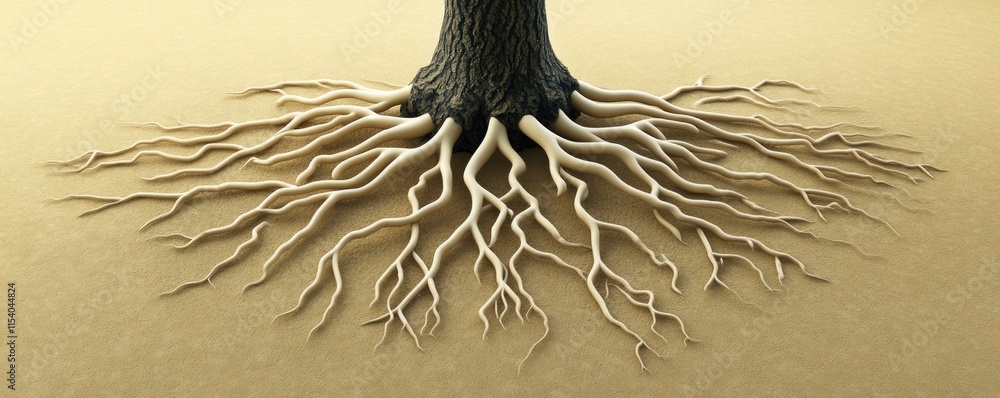 Poster a tree with intricate roots extending across a sandy surface.