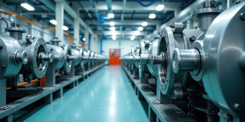 Naklejka premium Industrial Machinery Corridor Rows of Polished Metal Pumps in a Modern Factory Setting